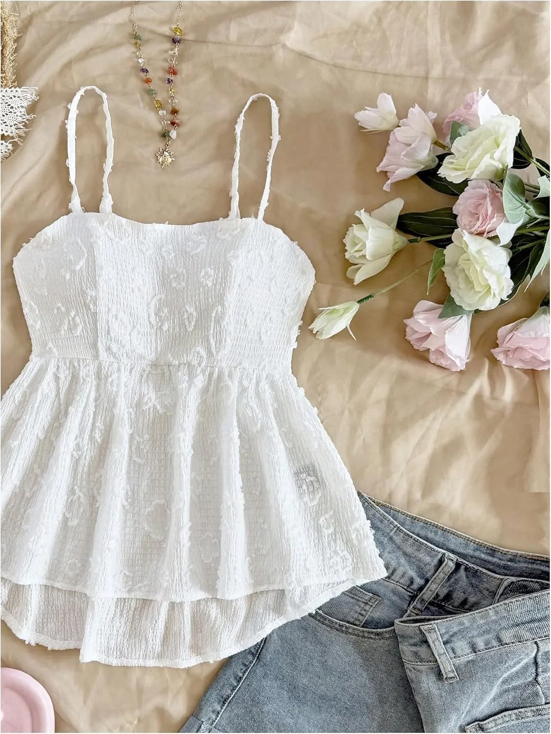 GORGLITTER Women's Asymmetrical Peplum Tops Ruffle Open Back Sleeveless Textured Strappy Cami Going Out Summer Top