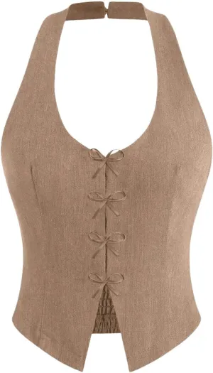 GORGLITTER Women's Bow Tie Front Vest Tops Fashion Asymmetrical Backless Fitted Halter Top Classy Academia Crop Tops