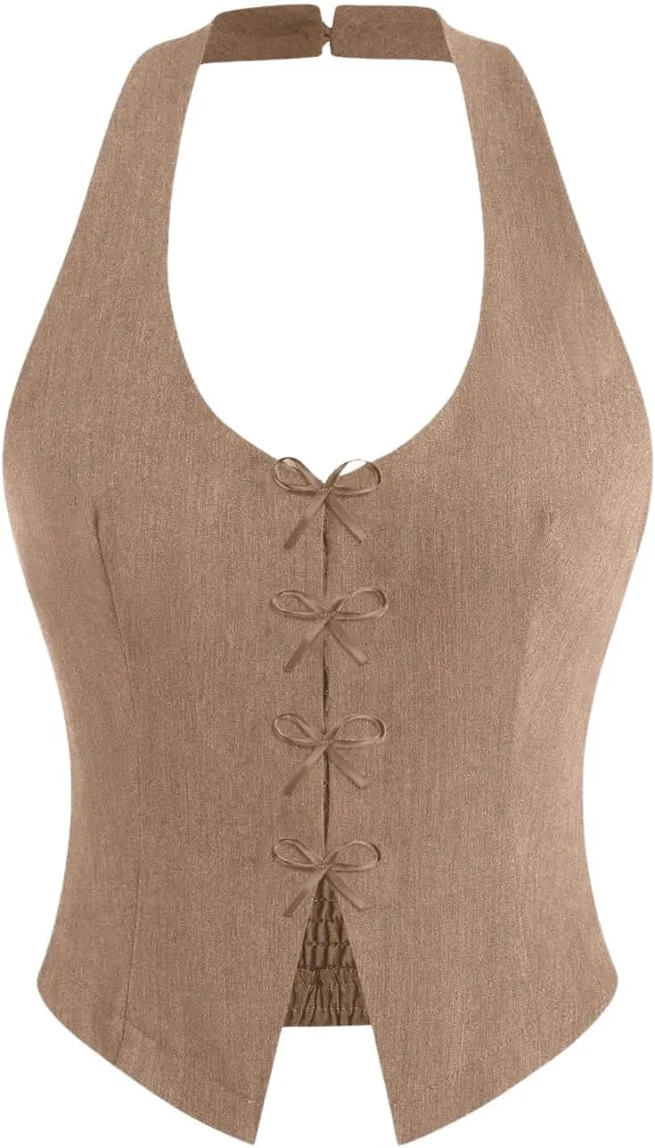 GORGLITTER Women's Bow Tie Front Vest Tops Fashion Asymmetrical Backless Fitted Halter Top Classy Academia Crop Tops