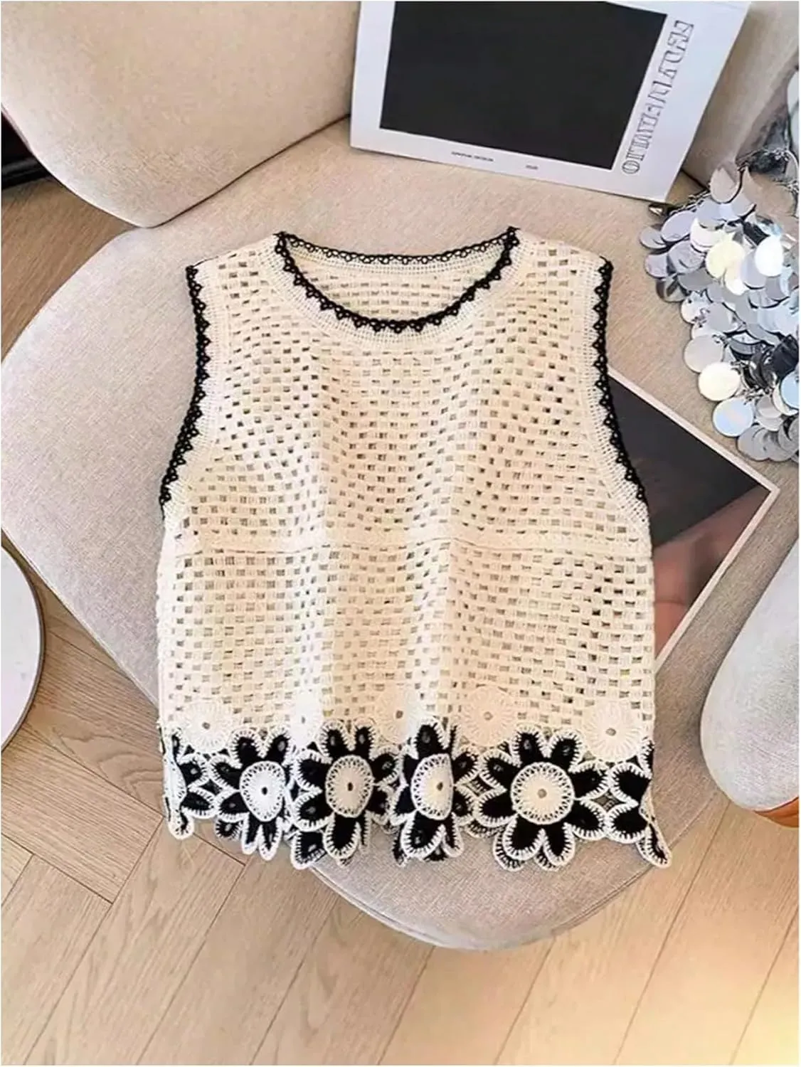 GORGLITTER Women's Crochet Tank Tops Hollow Out Sweater Vest Scoop Neck Sleeveless Cover Up Boho Knit Tops 2025