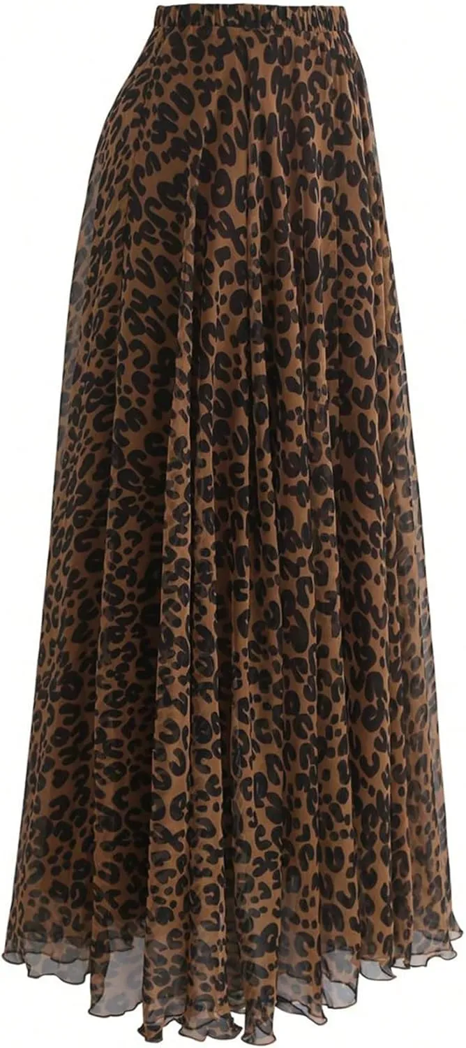 GORGLITTER Women's Plus Leopard Animal Print Long Skirts Y2k Cheetah Flare Chiffon Maxi Skirt Trendy Fall