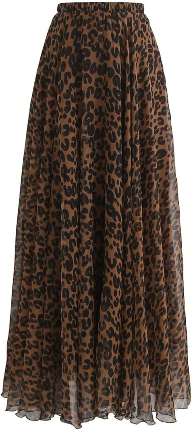 GORGLITTER Women's Plus Leopard Animal Print Long Skirts Y2k Cheetah Flare Chiffon Maxi Skirt Trendy Fall