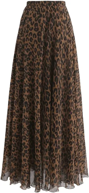 GORGLITTER Women's Plus Leopard Animal Print Long Skirts Y2k Cheetah Flare Chiffon Maxi Skirt Trendy Fall