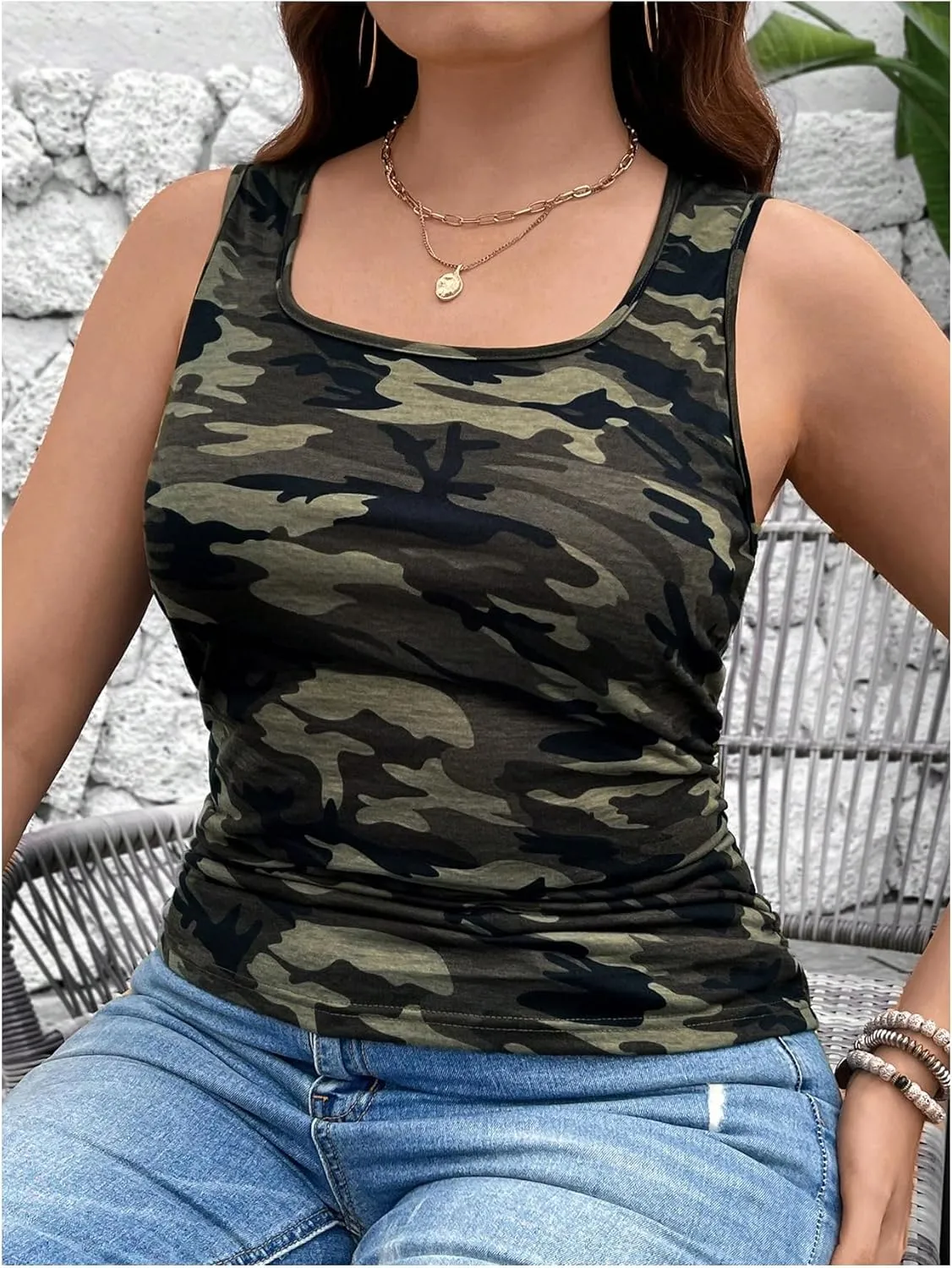 GORGLITTER Women's Plus Size Camo Tank Top Ruched Sleeveless Square Neck Slim Cami Vest Tops