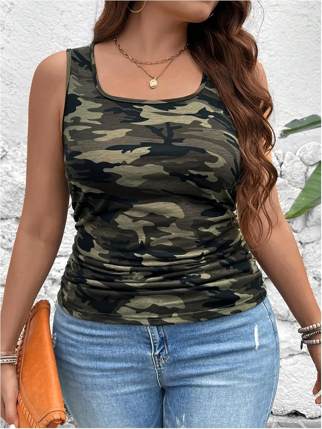 GORGLITTER Women's Plus Size Camo Tank Top Ruched Sleeveless Square Neck Slim Cami Vest Tops