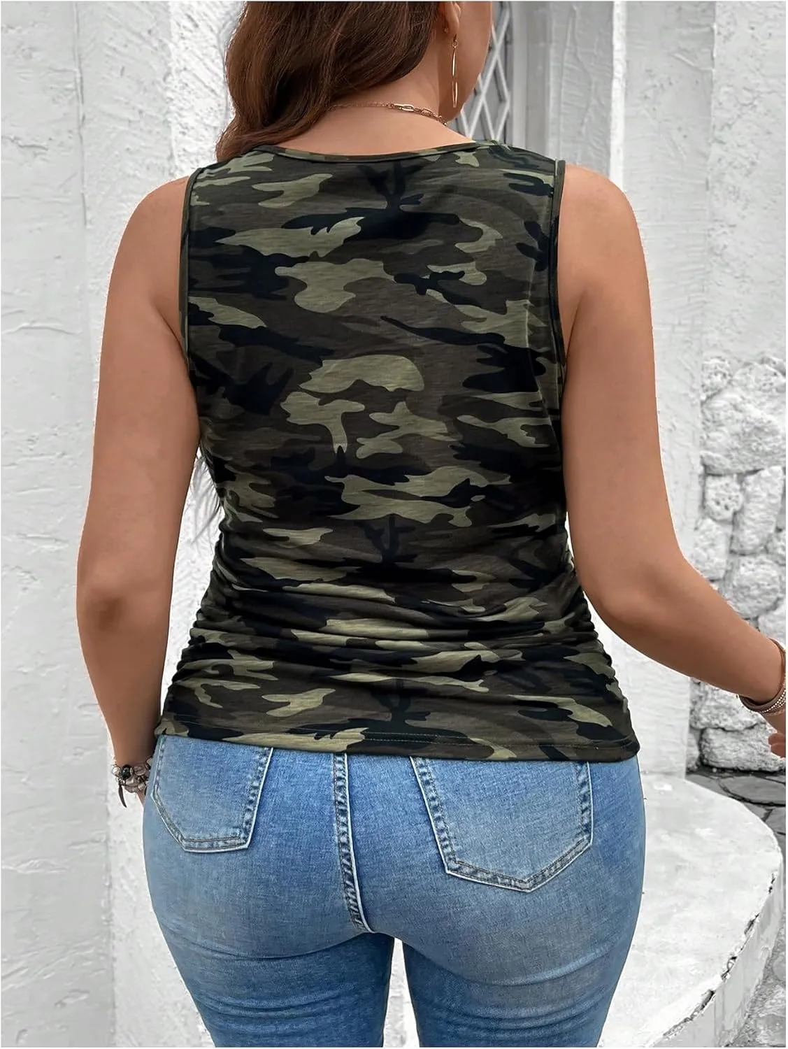 GORGLITTER Women's Plus Size Camo Tank Top Ruched Sleeveless Square Neck Slim Cami Vest Tops