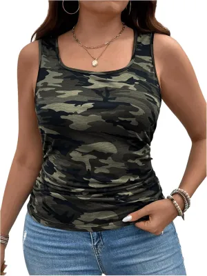 GORGLITTER Women's Plus Size Camo Tank Top Ruched Sleeveless Square Neck Slim Cami Vest Tops
