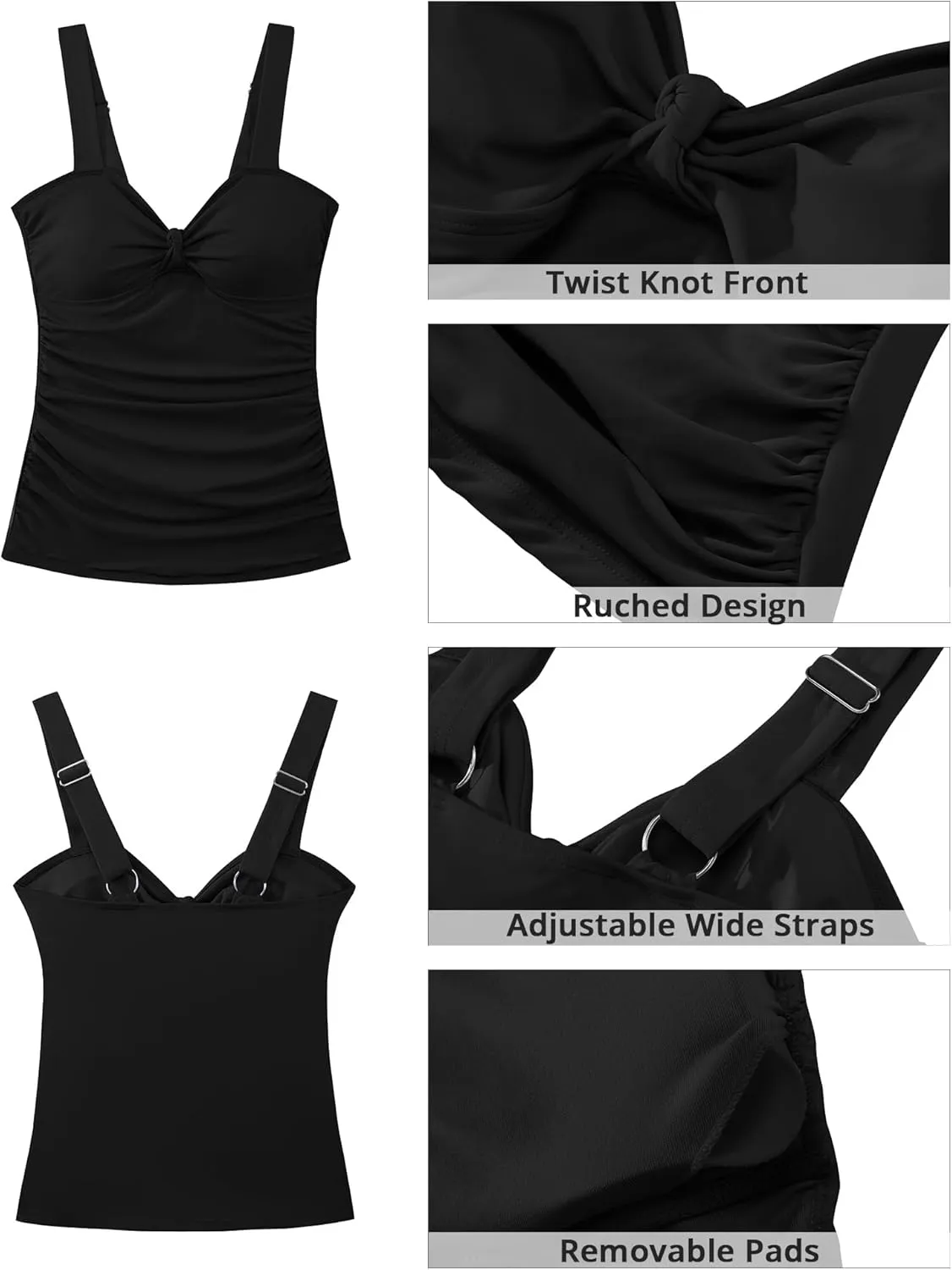 GRAPENT Tankini Tops for Women Twist Knot Ruched Swimsuits Beach Padded Adjustable Straps Modest Swimwear Swim Tops Only