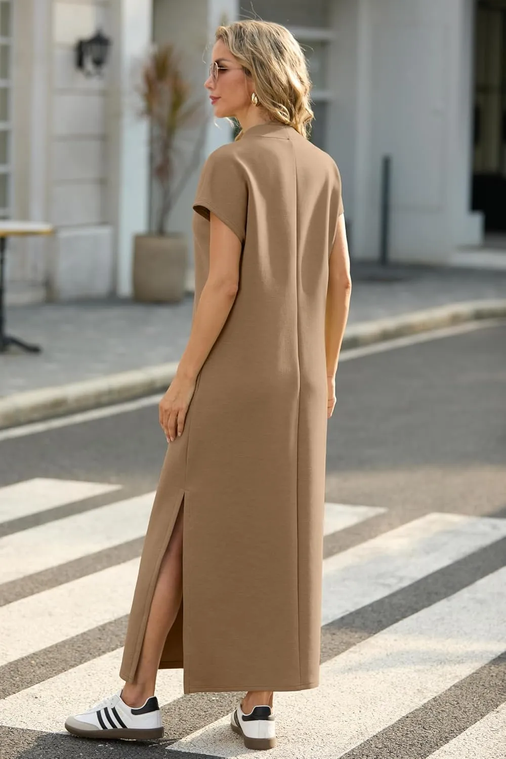 GRECERELLE 2025 Women Summer Mock Neck Short Sleeve Casual Loose Split Wrinkle-Free Long Maxi Dress with Pockets