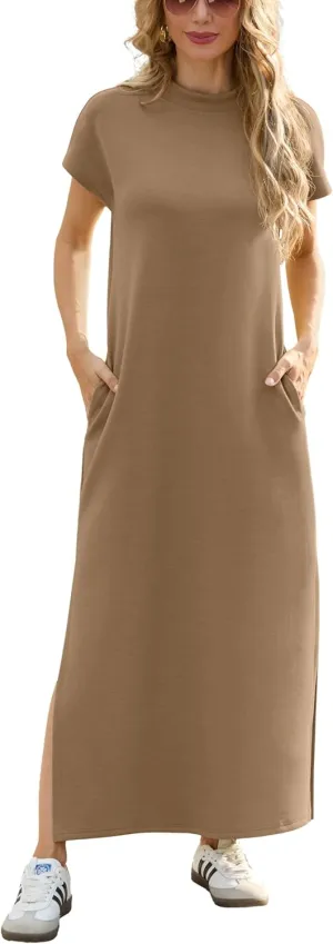 GRECERELLE 2025 Women Summer Mock Neck Short Sleeve Casual Loose Split Wrinkle-Free Long Maxi Dress with Pockets