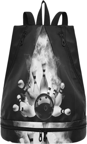 Gym Drawstring Bags Daypacks Backpack Purse Casual Knapsack Shoulder Bag Sitting Rucksack Swimming Equipment Bags Print Bowling Ball Crashing into the Pins With Smoke