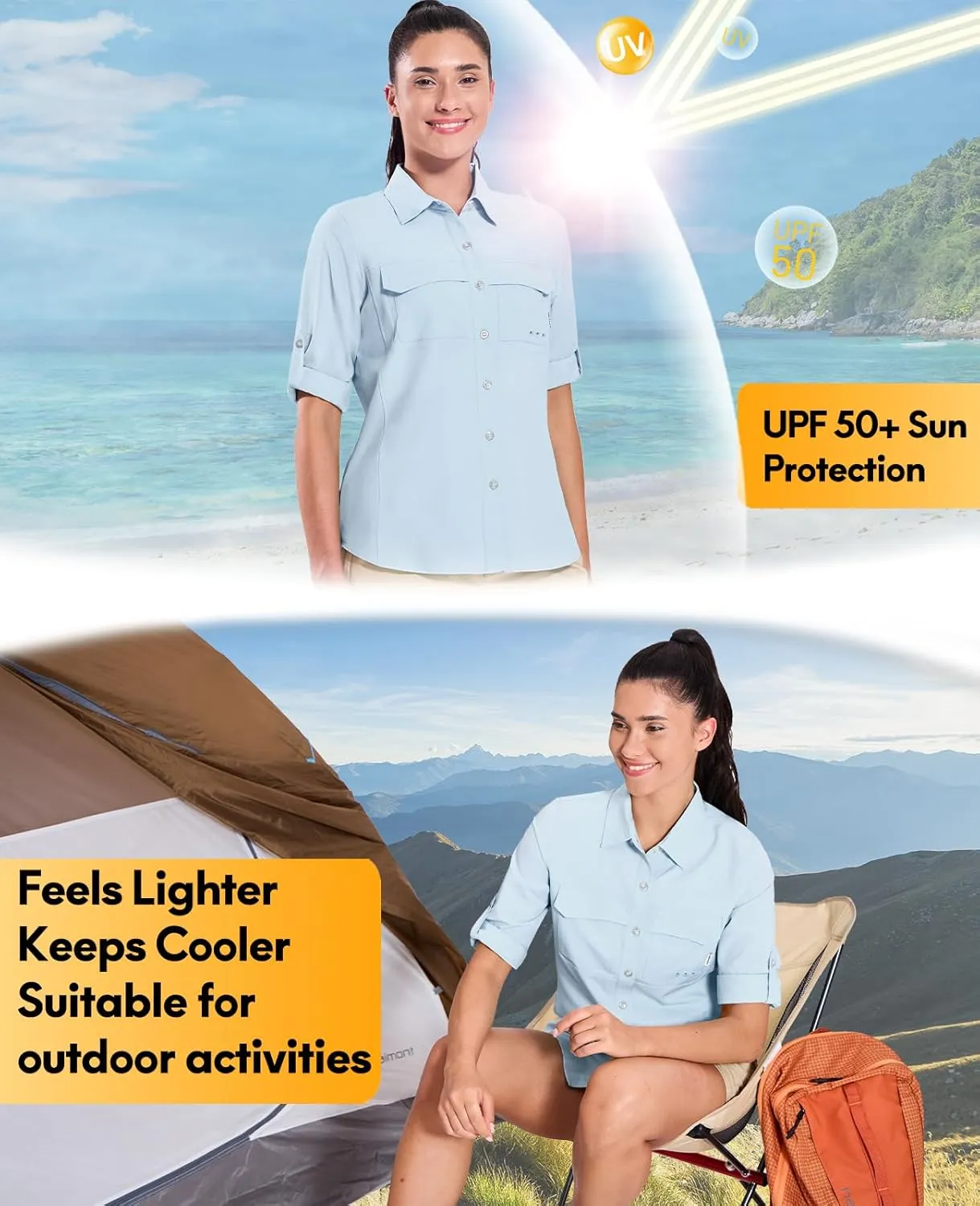 Haimont Women's Travel Hiking Fishing Button Down Shirt, UPF 50  UV Long Sleeve Sun Shirts for Outdoor Camping Sailing