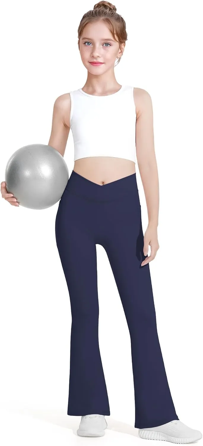 HASMES Girls Flare Leggings with Pockets Kids Bell Bottom High Waisted Flare Yoga Pants for Dance Activewear