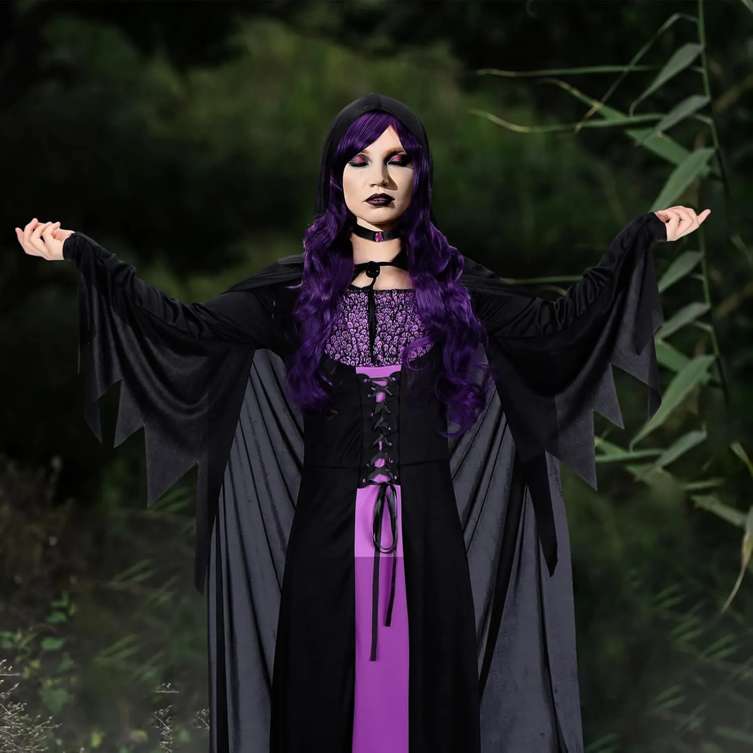 Hercicy 7 Pcs Adult Women Halloween Witch Costume Set Hood Cloak Dress Choker Broom Striped High Socks Wizard Hat Wig