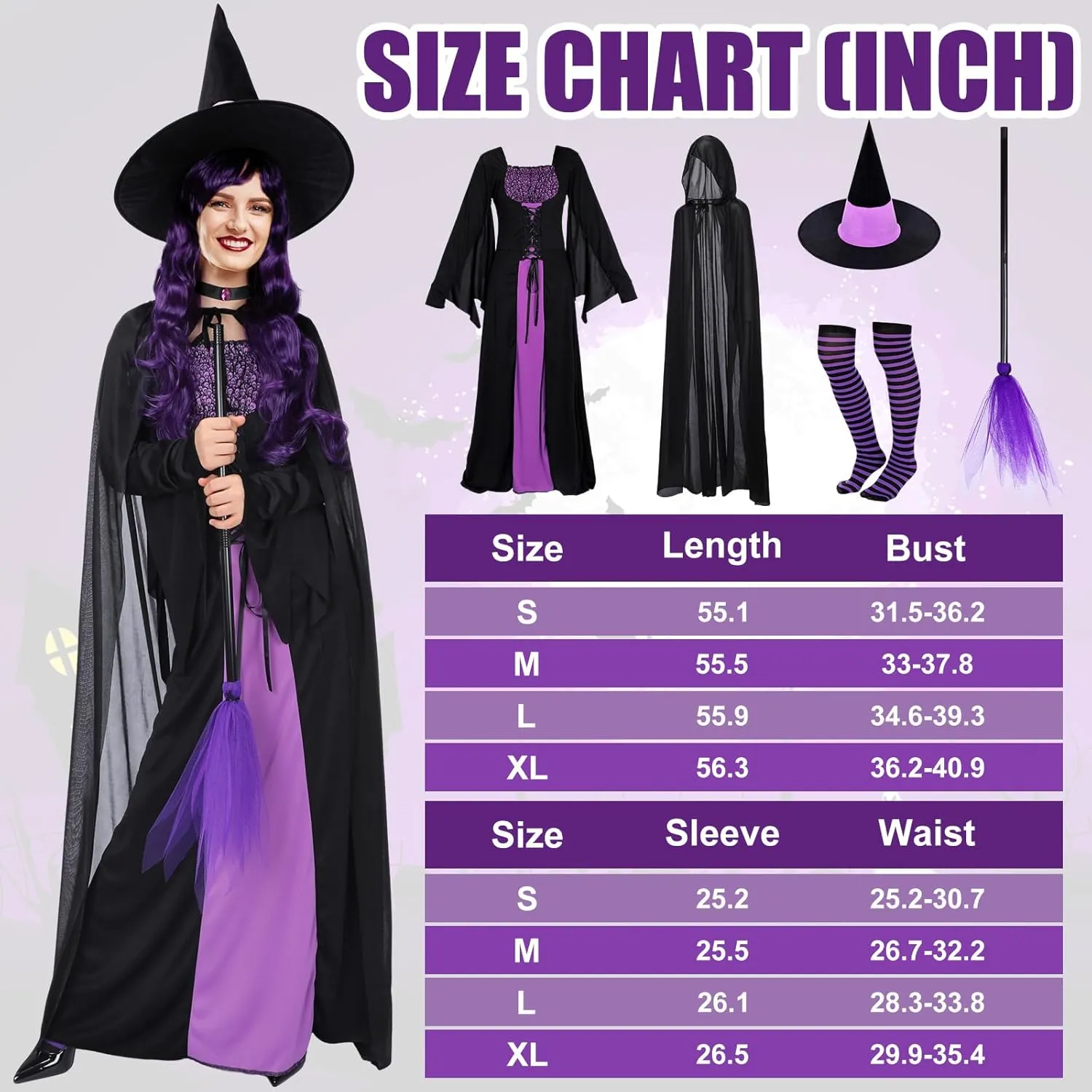 Hercicy 7 Pcs Adult Women Halloween Witch Costume Set Hood Cloak Dress Choker Broom Striped High Socks Wizard Hat Wig