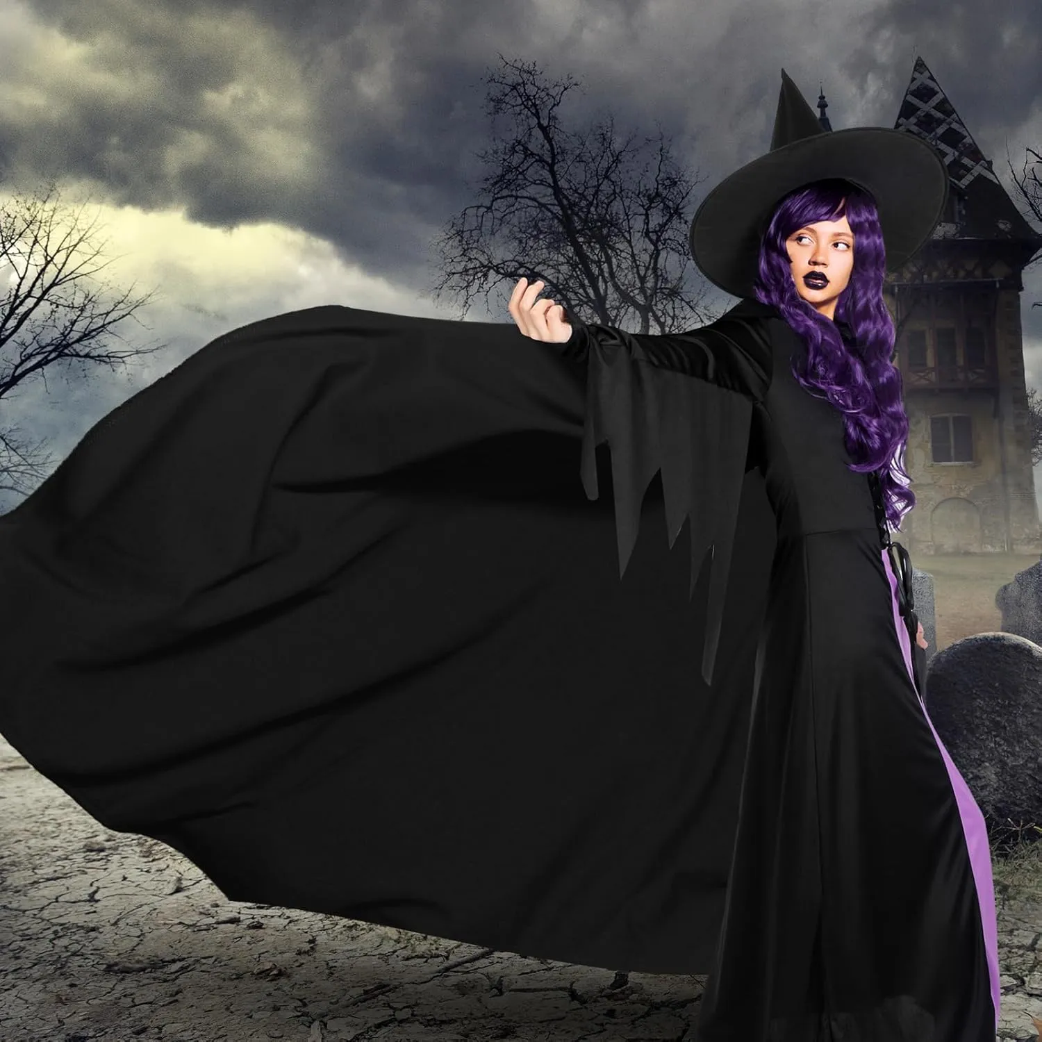 Hercicy 7 Pcs Adult Women Halloween Witch Costume Set Hood Cloak Dress Choker Broom Striped High Socks Wizard Hat Wig