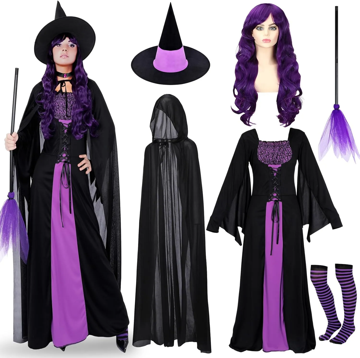 Hercicy 7 Pcs Adult Women Halloween Witch Costume Set Hood Cloak Dress Choker Broom Striped High Socks Wizard Hat Wig