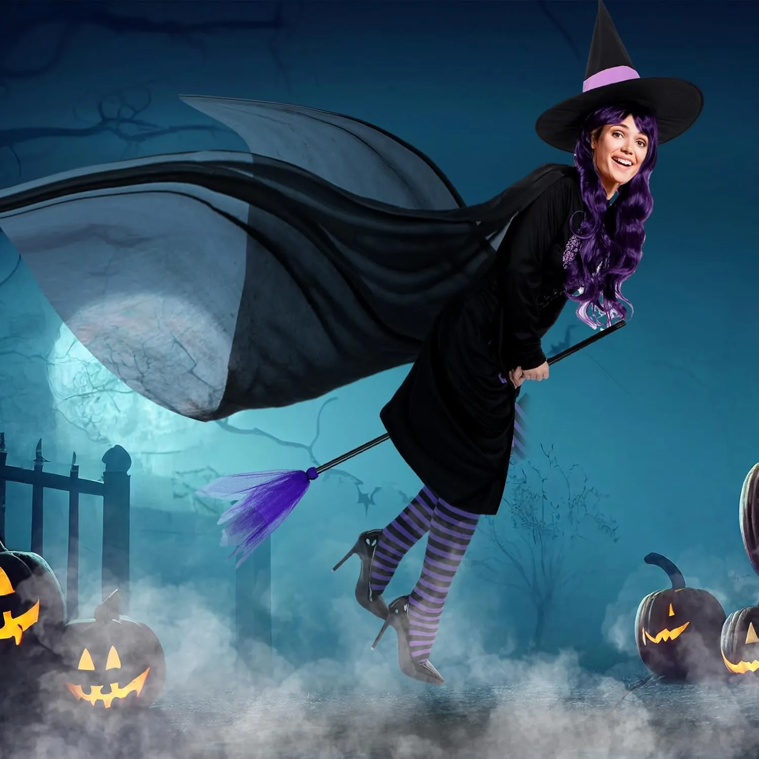 Hercicy 7 Pcs Adult Women Halloween Witch Costume Set Hood Cloak Dress Choker Broom Striped High Socks Wizard Hat Wig