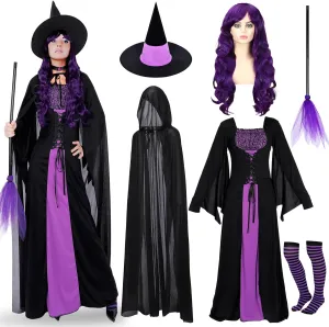 Hercicy 7 Pcs Adult Women Halloween Witch Costume Set Hood Cloak Dress Choker Broom Striped High Socks Wizard Hat Wig