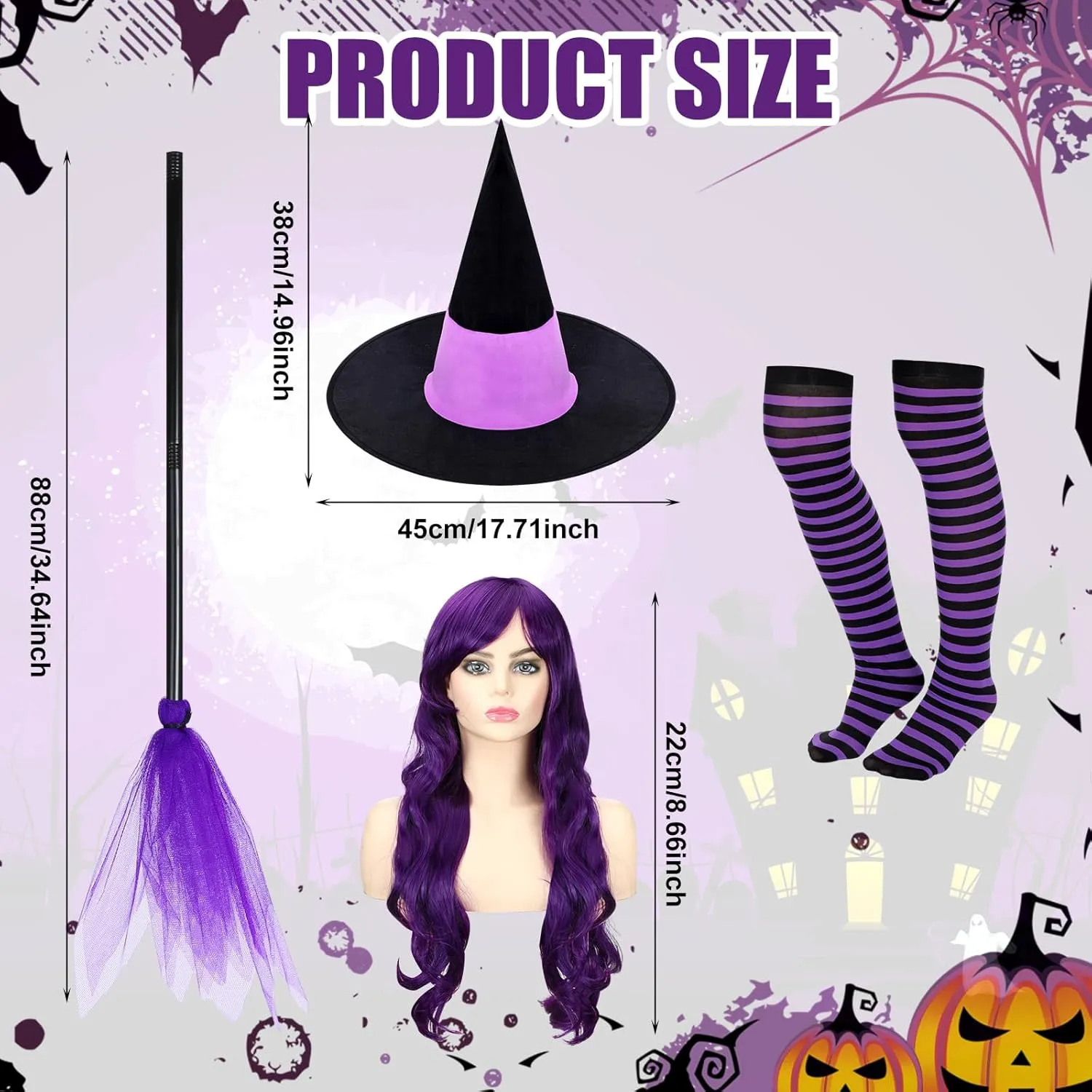 Hercicy 7 Pcs Adult Women Halloween Witch Costume Set Hood Cloak Dress Choker Broom Striped High Socks Wizard Hat Wig