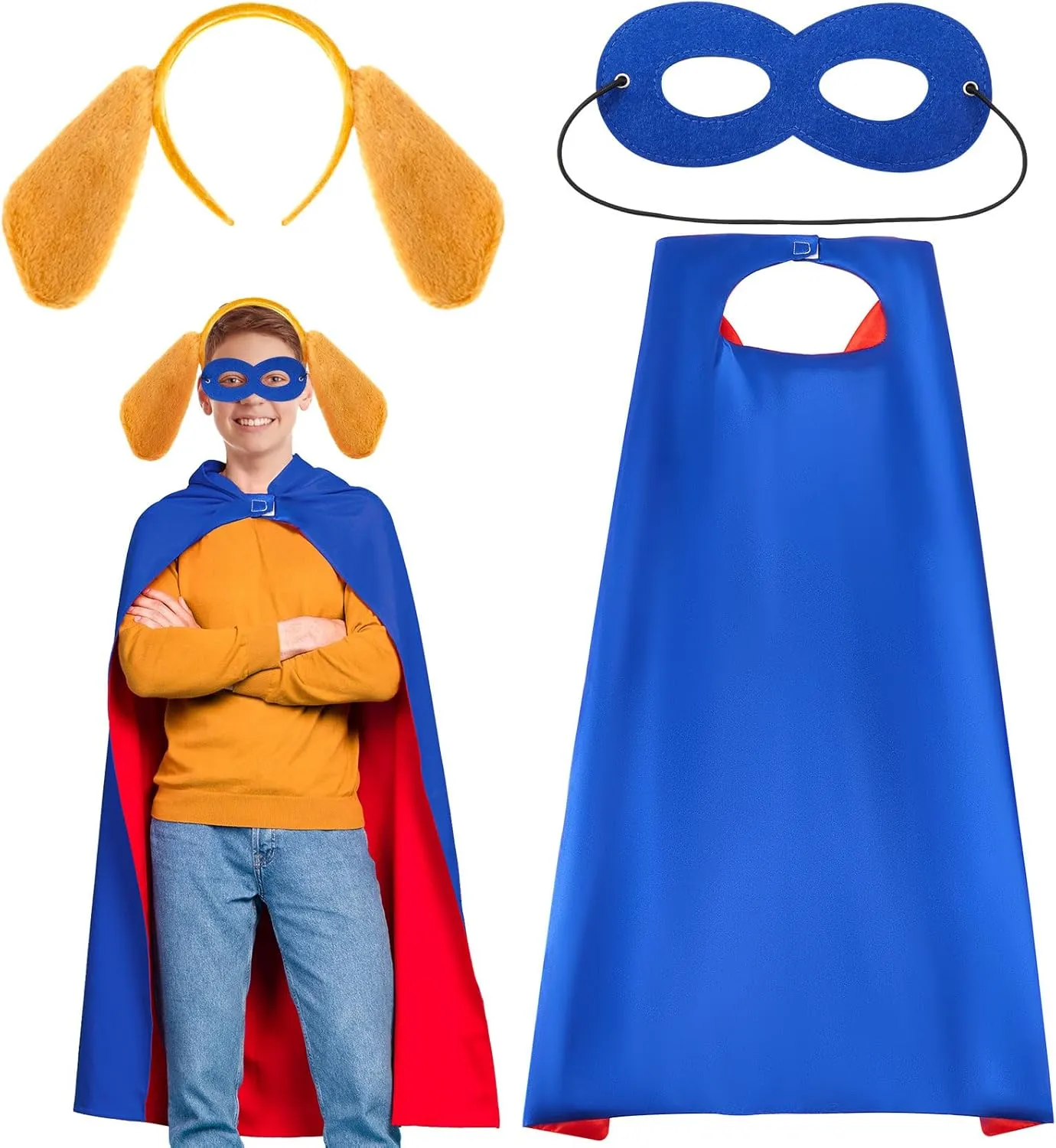 Hero Dog Costume Kit Puppy Ears Headband Blue Cloak Eye Mask for Adults Women Man Costume Halloween Birthday Party