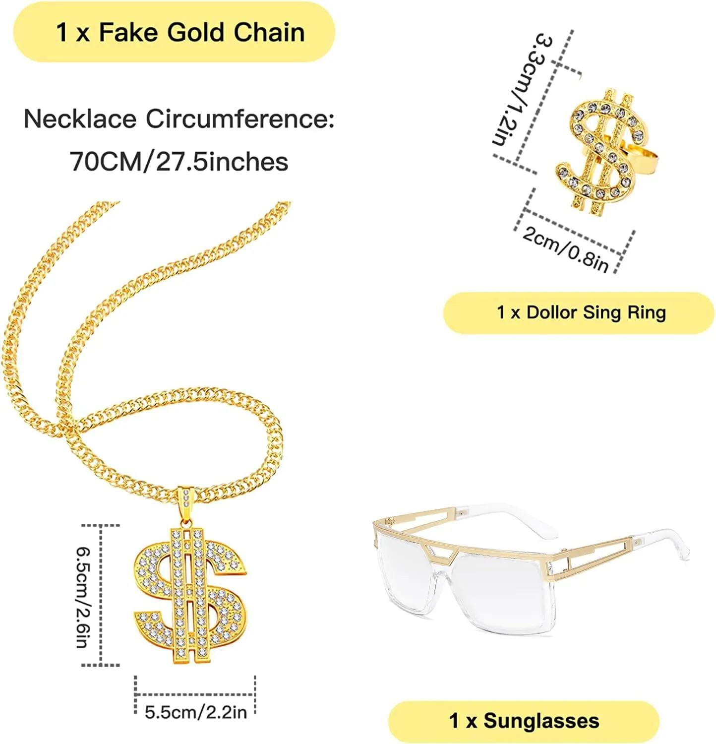 Hip Hop Costume Kit 80s 90s Bucket Hat Waist Bag Dollar Chain Ring Sunglasses Rapper Accessories Set (Black/Gold Set)