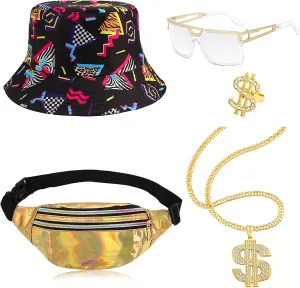 Hip Hop Costume Kit 80s 90s Bucket Hat Waist Bag Dollar Chain Ring Sunglasses Rapper Accessories Set (Black/Gold Set)