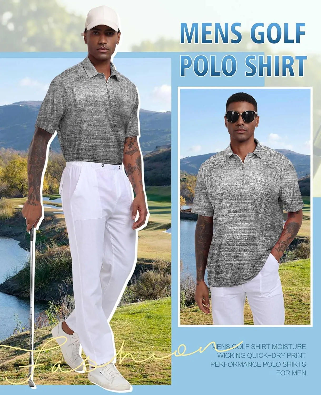 Hodaweisolp Men's Golf Shirts Dry Fit Moisture Wicking Performance Athletic Zipper Short Sleeve Polo Shirt for Men