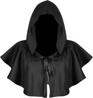 Hooded Cloak Vintage Black Cape Halloween Medieval Cowl Hat for Men Women Short Unisex Black Soft Wizard Cloak Pullover Hooded Poncho Cowl Cloak With Hood for Pagan Cosplay