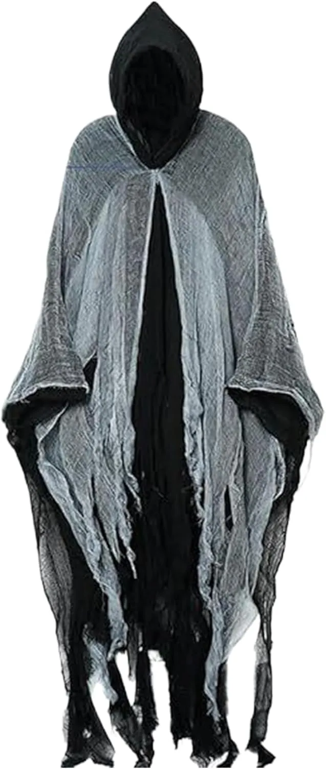 Hooked Cloak Scary Halloween Shabby Rag Cloak with Tulle for Men, Women Vintage Medieval Cape with Hood, Black Cloak