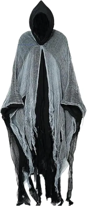 Hooked Cloak Scary Halloween Shabby Rag Cloak with Tulle for Men, Women Vintage Medieval Cape with Hood, Black Cloak