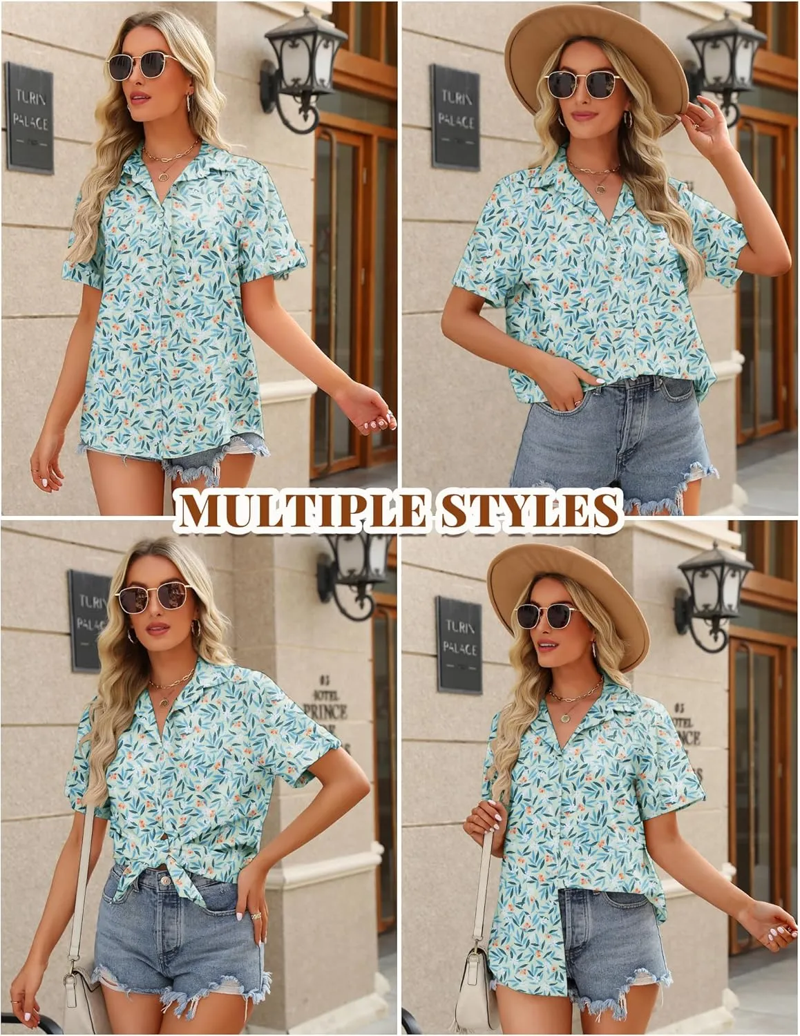 HOTOUCH Button Down Shirt Women Cotton Short Sleeve Blouses V Neck Collared Button Up Summer Beach Tops