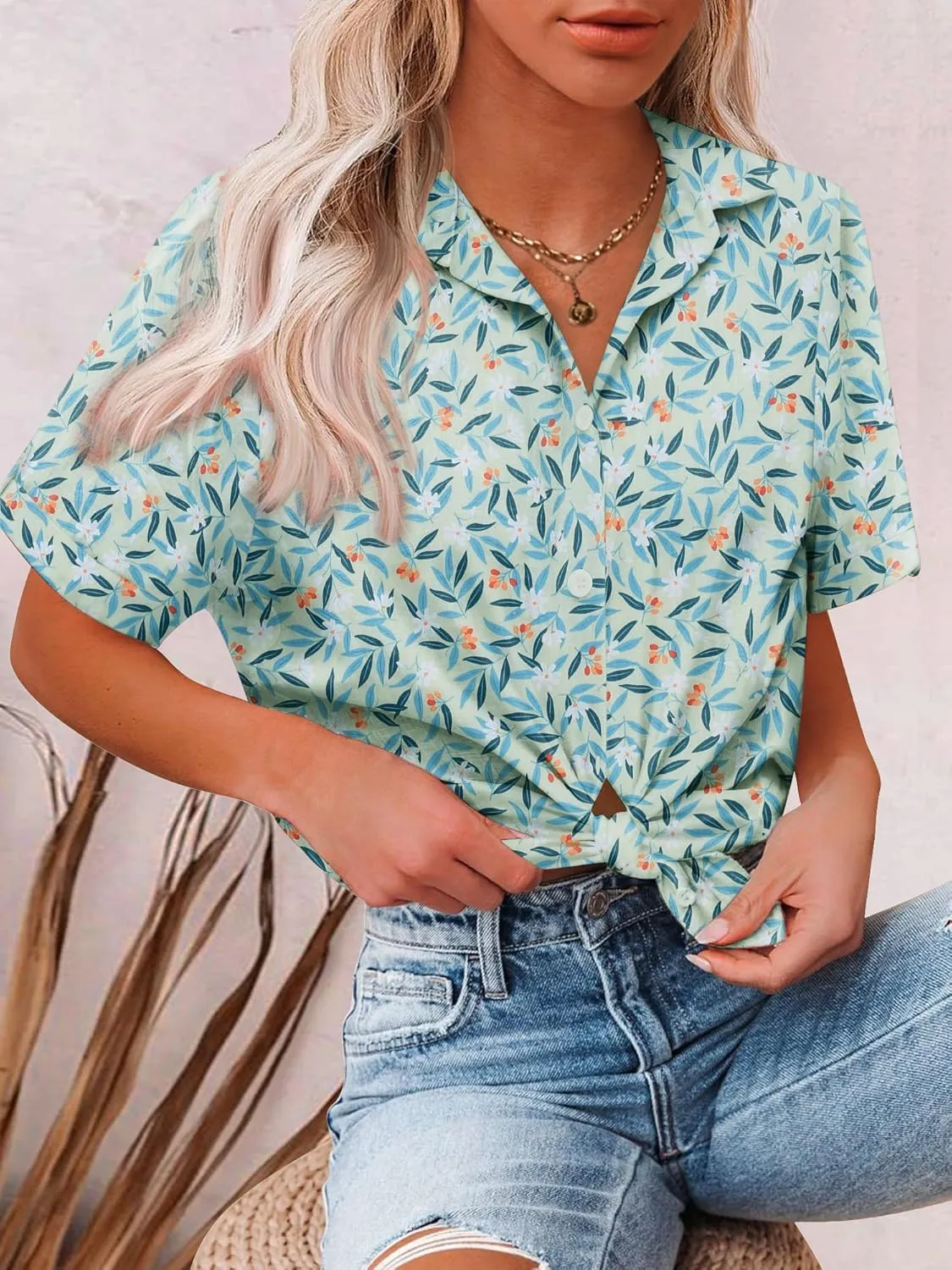 HOTOUCH Button Down Shirt Women Cotton Short Sleeve Blouses V Neck Collared Button Up Summer Beach Tops