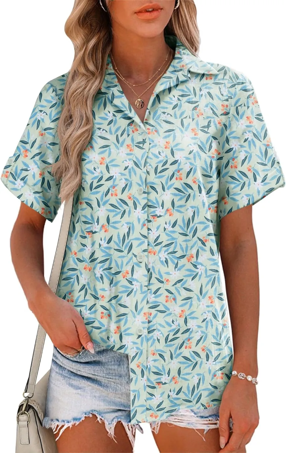 HOTOUCH Button Down Shirt Women Cotton Short Sleeve Blouses V Neck Collared Button Up Summer Beach Tops