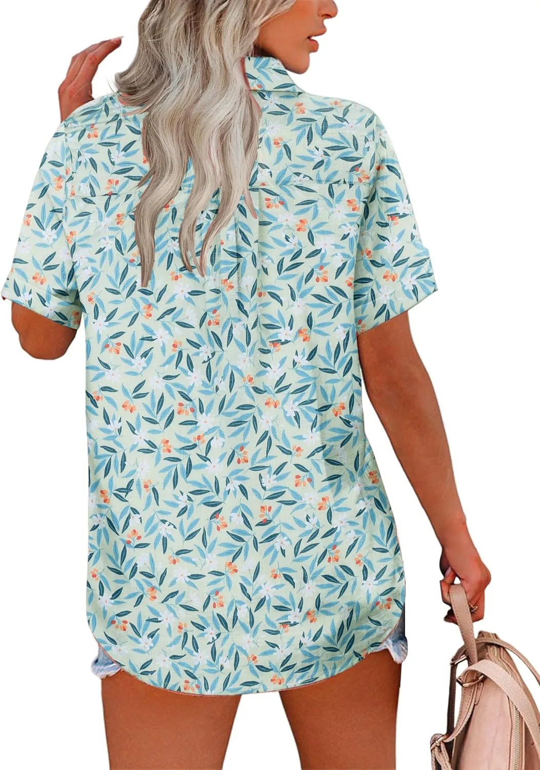 HOTOUCH Button Down Shirt Women Cotton Short Sleeve Blouses V Neck Collared Button Up Summer Beach Tops
