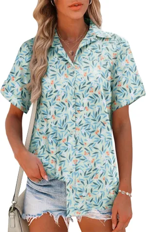 HOTOUCH Button Down Shirt Women Cotton Short Sleeve Blouses V Neck Collared Button Up Summer Beach Tops