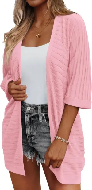 HOTOUCH Women's Open Front Cardigan 3/4 Sleeve Ribbed Knit Cardigans Lightweight Casual Cardigan