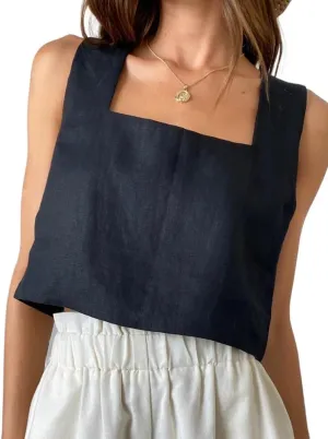 IDEALSANXUN Linen Crop Tank Tops for Women Summer Square Neck Sleeveless Casual Loose Cute Cotton Linen Tops