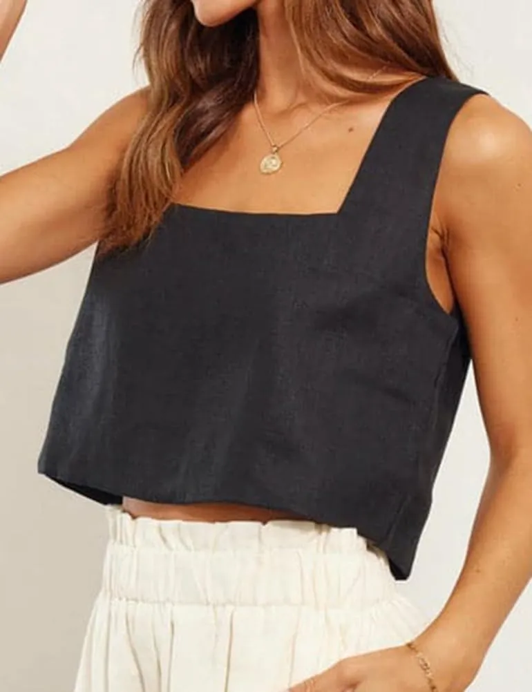 IDEALSANXUN Linen Crop Tank Tops for Women Summer Square Neck Sleeveless Casual Loose Cute Cotton Linen Tops