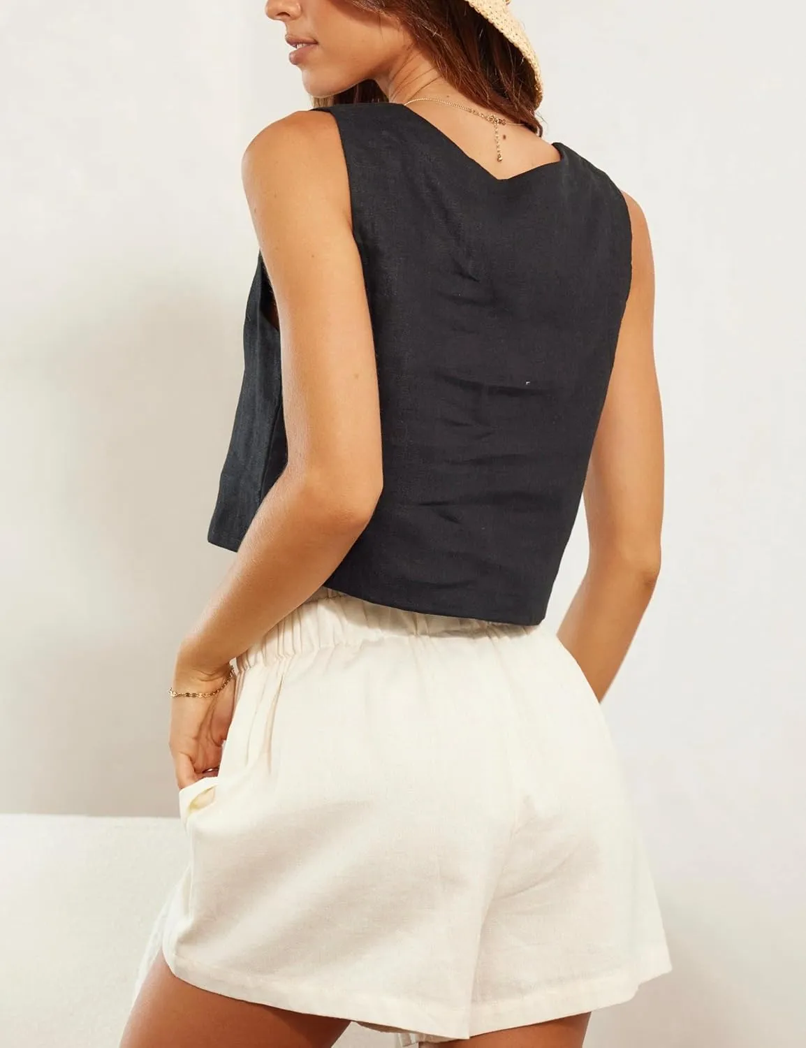 IDEALSANXUN Linen Crop Tank Tops for Women Summer Square Neck Sleeveless Casual Loose Cute Cotton Linen Tops