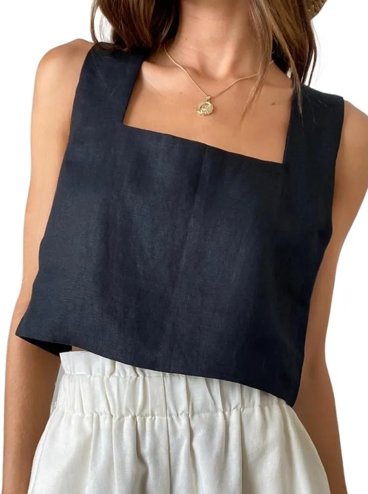 IDEALSANXUN Linen Crop Tank Tops for Women Summer Square Neck Sleeveless Casual Loose Cute Cotton Linen Tops