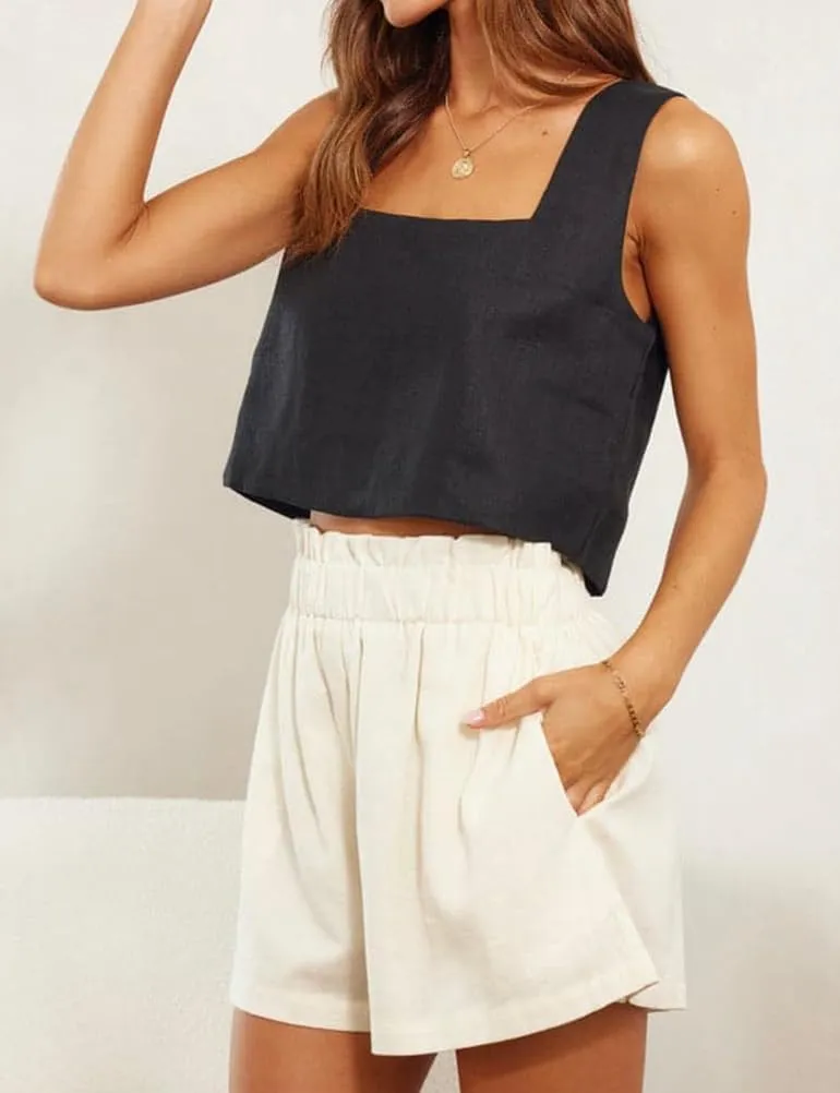 IDEALSANXUN Linen Crop Tank Tops for Women Summer Square Neck Sleeveless Casual Loose Cute Cotton Linen Tops