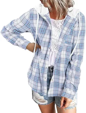INFITTY Women's Buffalo Plaid Hoodie Long Sleeve Jacket Button Drawstring Casual Fall Shirts with Pocket