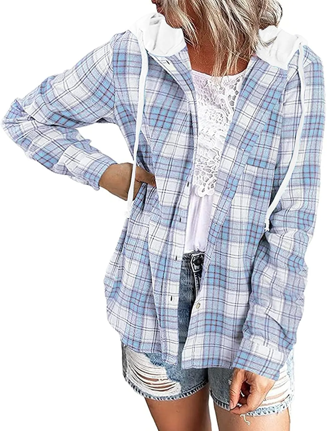 INFITTY Women's Buffalo Plaid Hoodie Long Sleeve Jacket Button Drawstring Casual Fall Shirts with Pocket