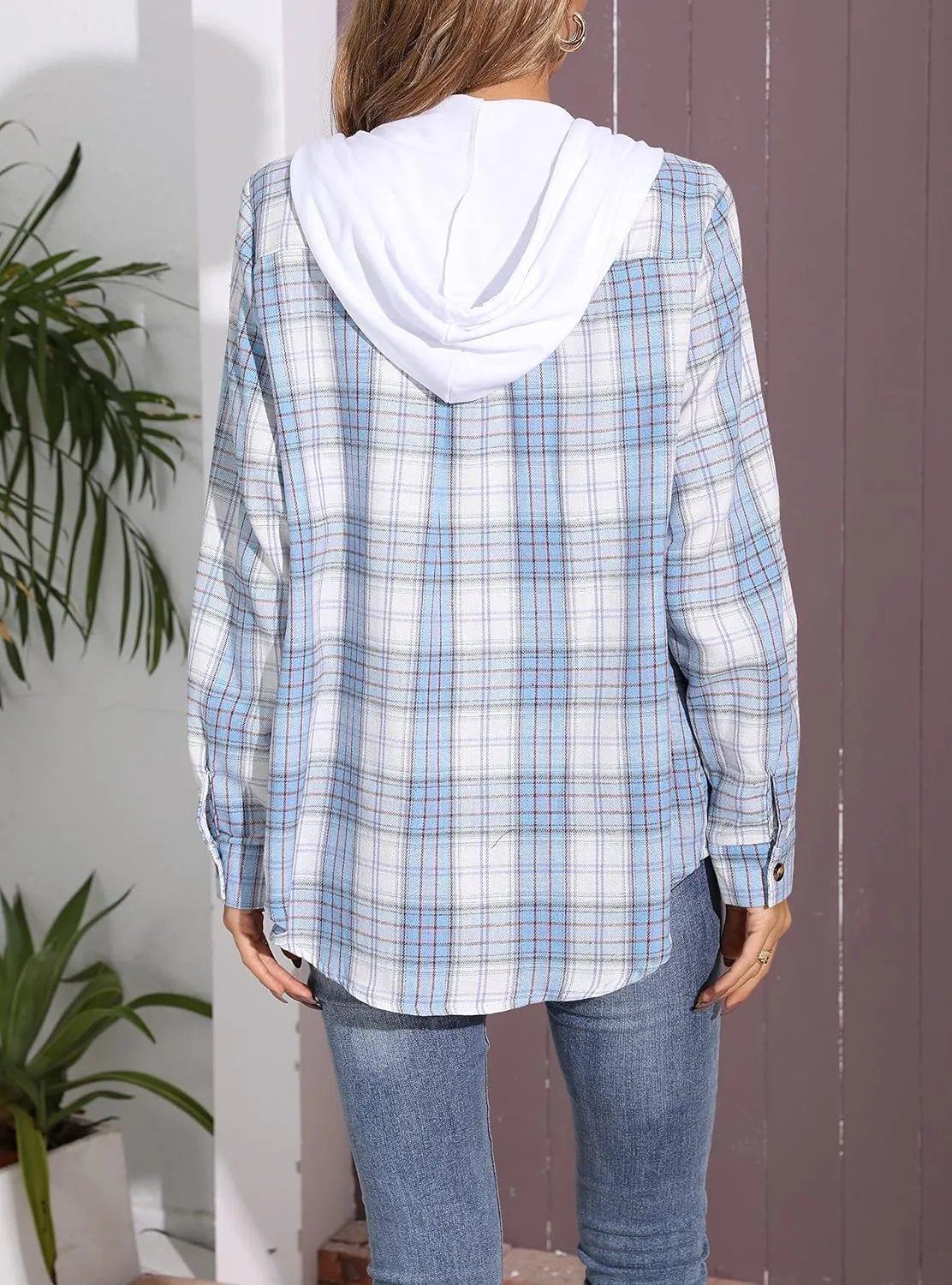 INFITTY Women's Buffalo Plaid Hoodie Long Sleeve Jacket Button Drawstring Casual Fall Shirts with Pocket