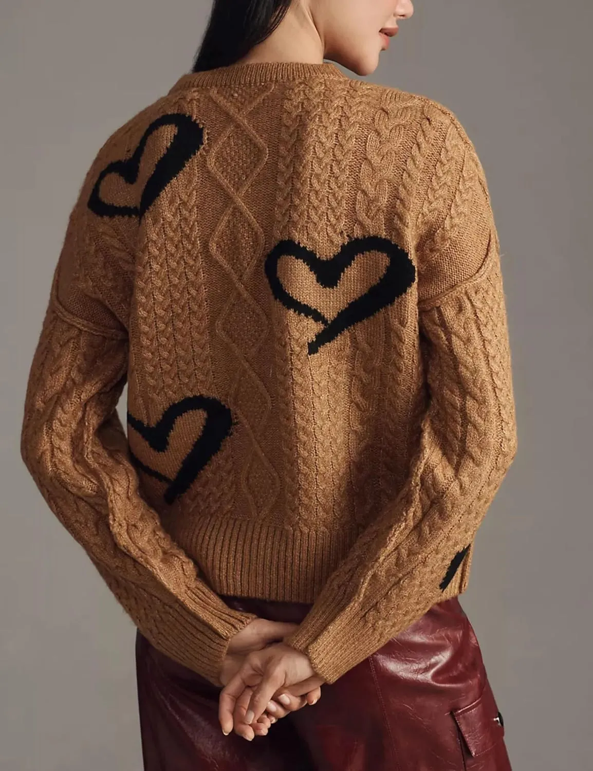 InterNos Women's Graphic Cable Knit Cardigans Sweater Vintage Open Front Crew Neck Long Sleeves Knitwear