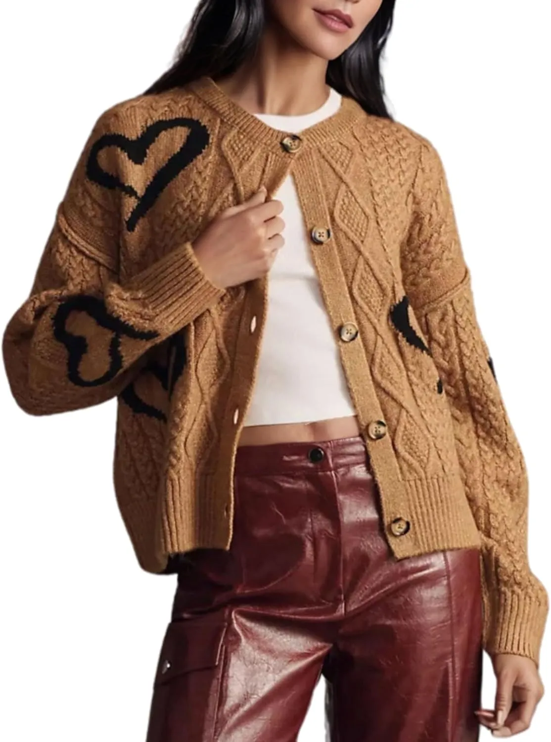InterNos Women's Graphic Cable Knit Cardigans Sweater Vintage Open Front Crew Neck Long Sleeves Knitwear