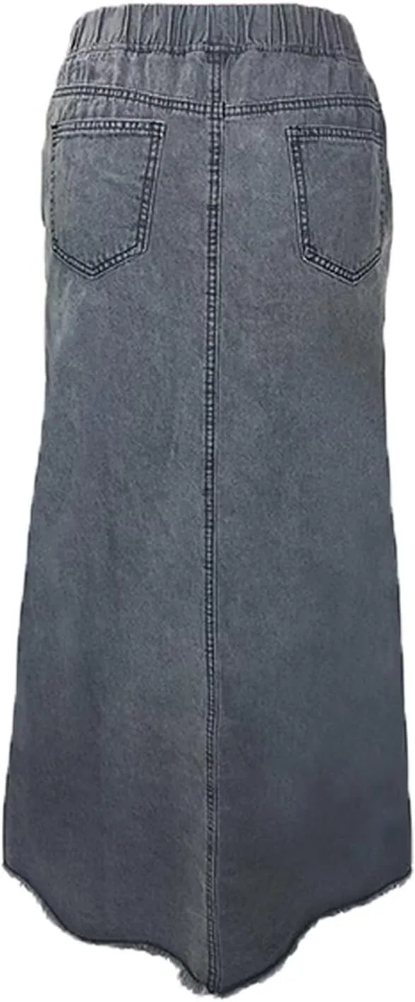 INVACHI Womens Long Jean Skirt Maxi Denim Skirt Women Elastic Waist Jean Skirt with Pockets