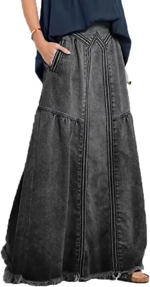 INVACHI Womens Long Jean Skirt Maxi Denim Skirt Women Elastic Waist Jean Skirt with Pockets