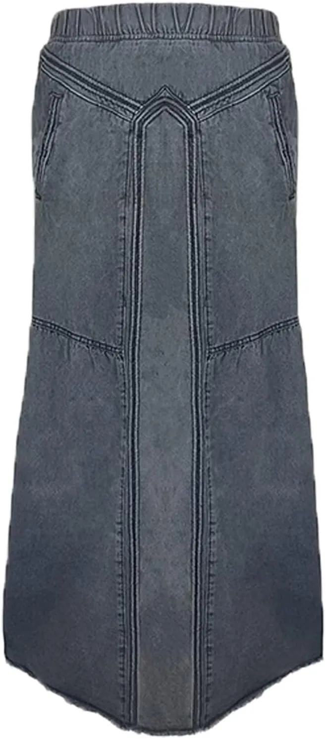 INVACHI Womens Long Jean Skirt Maxi Denim Skirt Women Elastic Waist Jean Skirt with Pockets